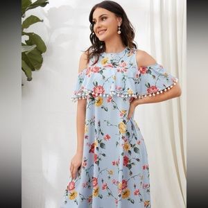 NWOT SHEIN Cold Shoulder Pom Pom Trim Floral & Striped Dress